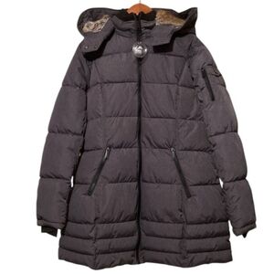 Elegant Gray Puffer Jacket with Faux Fur by HFX